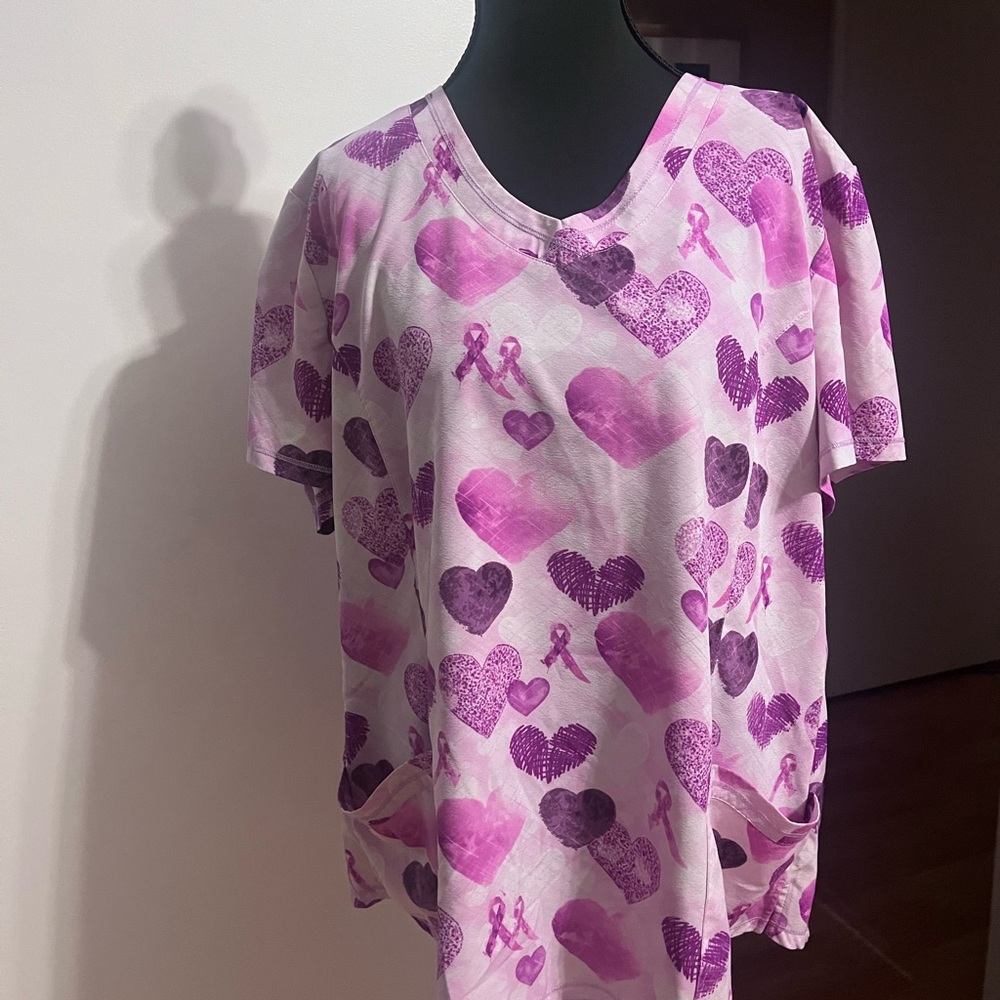 White Cross Pink and Purple Heart Pattern Scrub Top